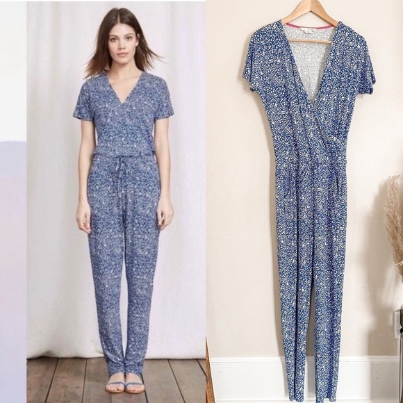 BodenFloral blue and white Jersey knit jumpsuit, size